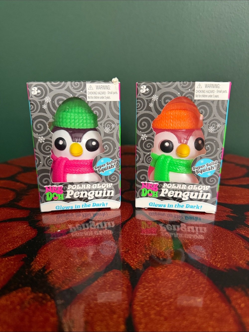 2- Pack HTF Needoh Polar Glow Penguins - Green & Orange Hats
